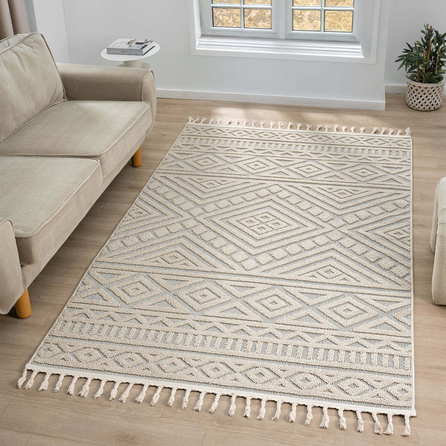 Boho rug for living room, bedroom, Scandinavian fringe, washable 3D rug-zoom-1