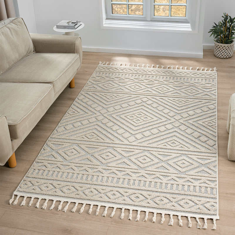 Boho rug for living room, bedroom, Scandinavian fringe, washable 3D rug-zoom-