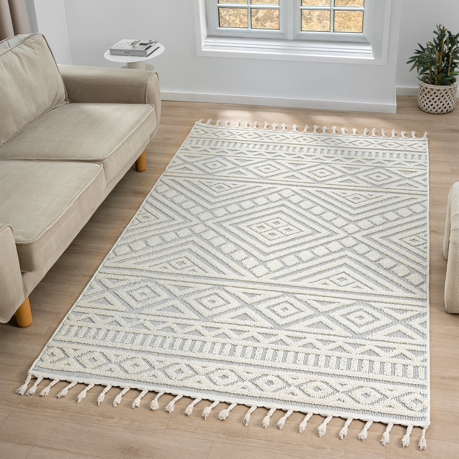 Boho rug for living room, bedroom, Scandinavian fringe, washable 3D rug-zoom-7