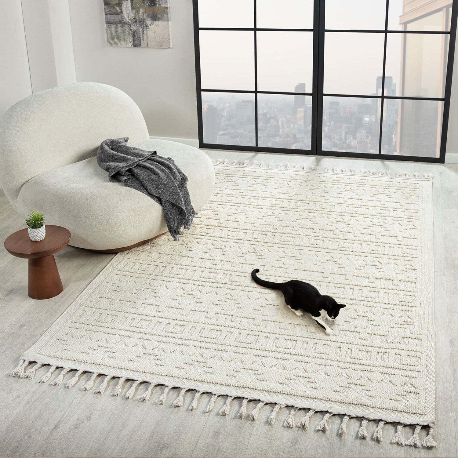 Teppich Wohnzimmer Boho , Schlafzimmer, Balkon, Küche, Terrasse, Flur 3D Creme