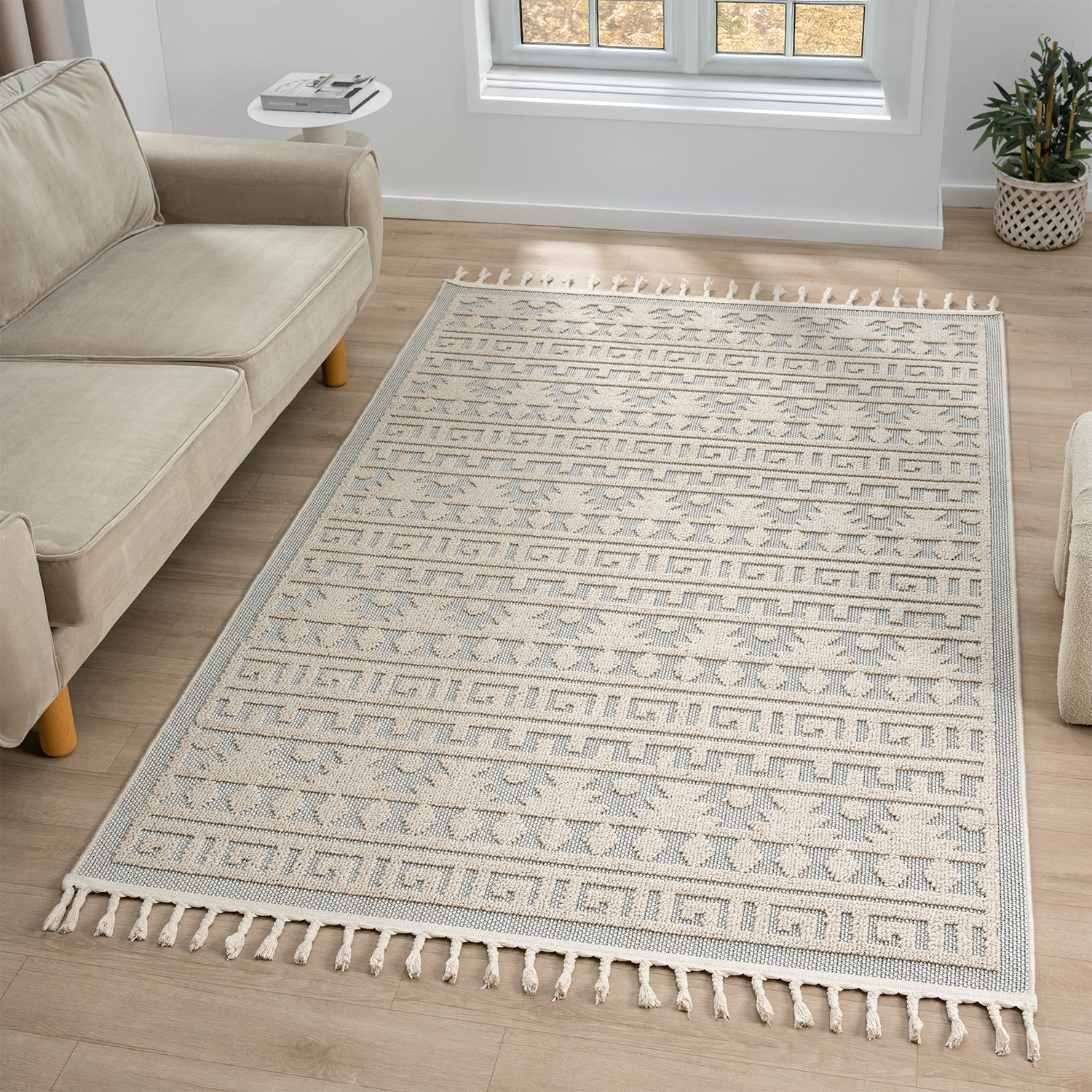 Boho Scandinavian style rug for living room, bedroom, balcony, kitchen, terrace, hallway, 3D cream-7