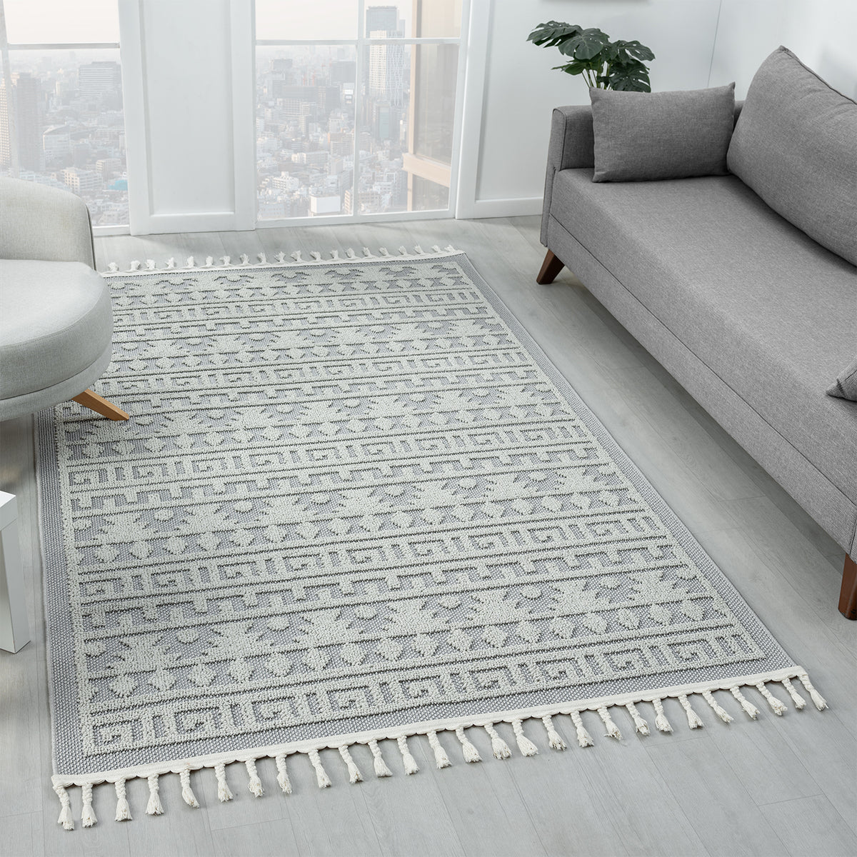 Teppich Boho Skandi Wohnzimmer, Schlafzimmer, Balkon, Küche, Terrasse, Flur 3D Creme