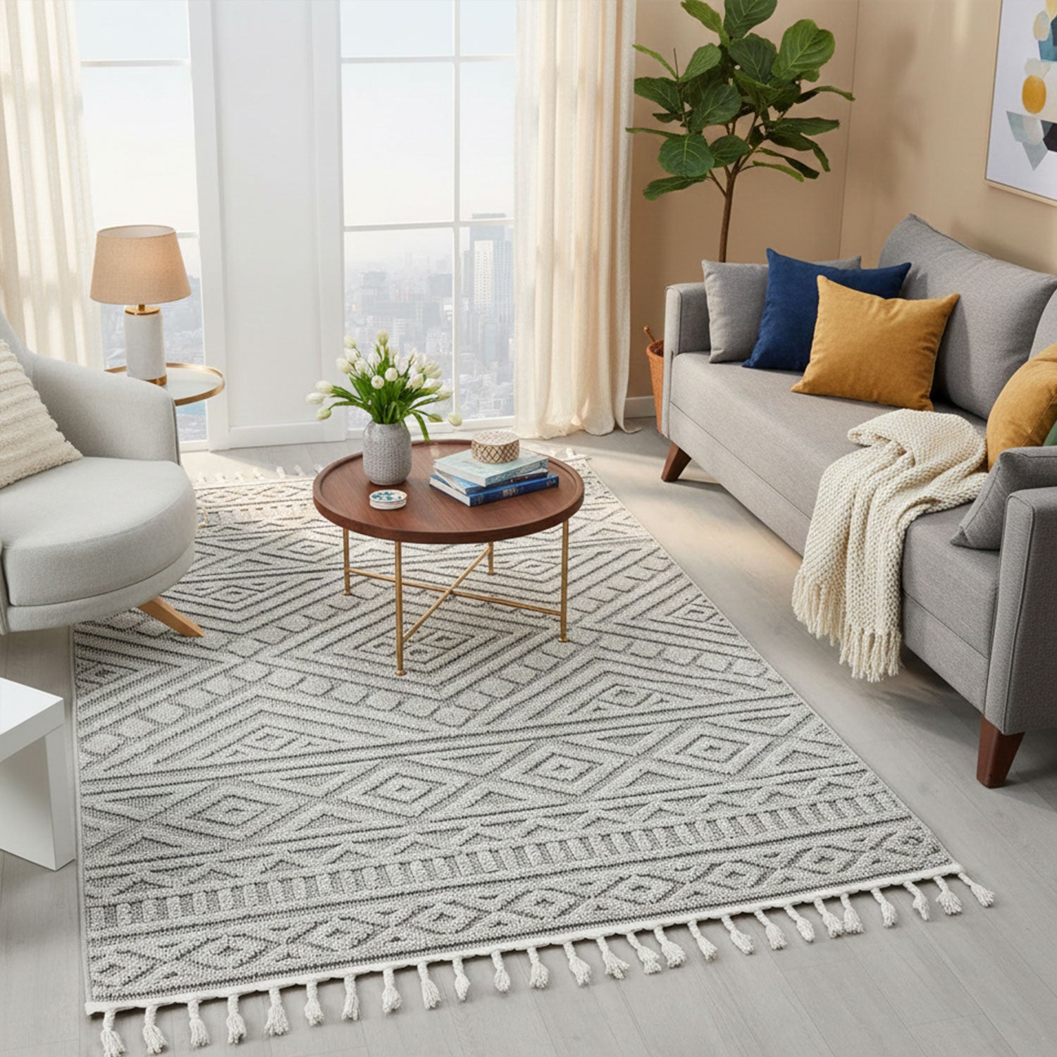 Boho rug for living room, bedroom, Scandinavian fringe, washable 3D rug-zoom-13