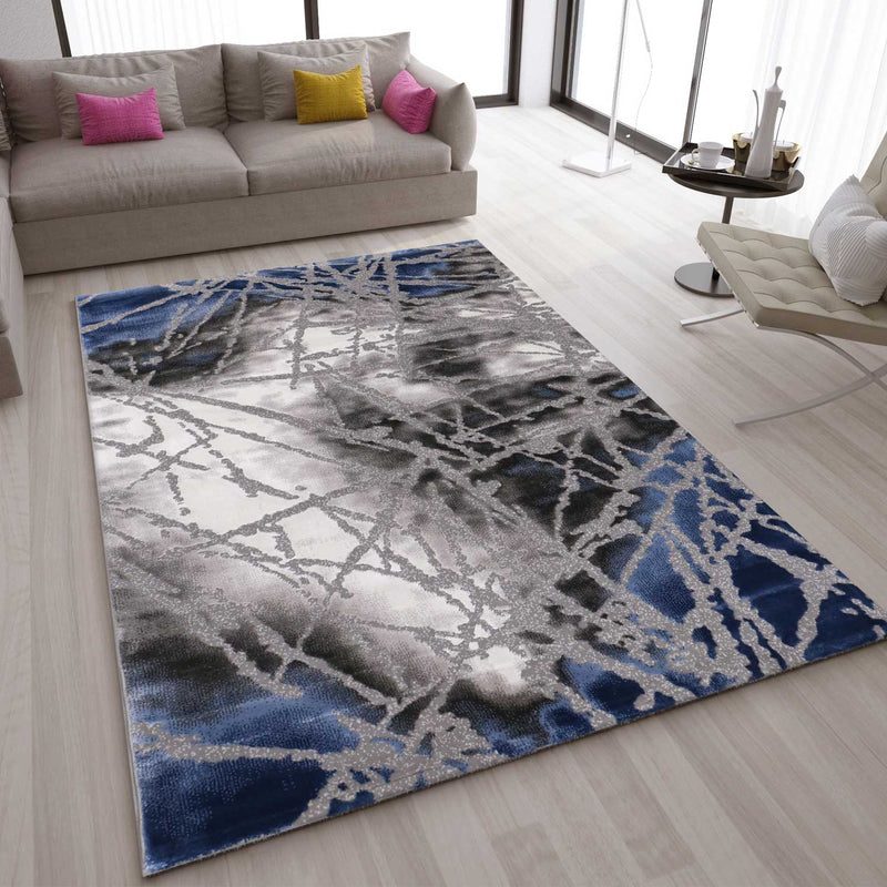 Teppich Wohnzimmer kurzflor Abstrakt Used Optik in Blau Grau, für Wohnzimmer, Schlafzimmer, küche-zoom-