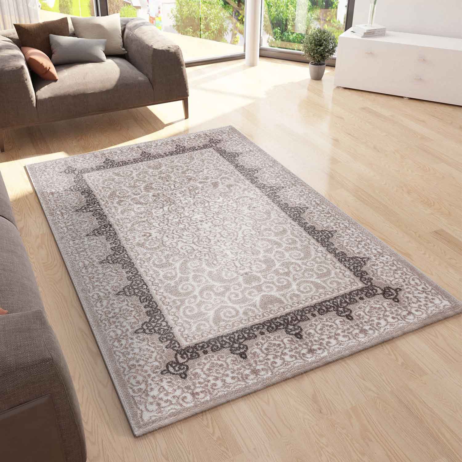 Teppich Designer Kurzflor Wohnzimmer Teppich mit Glitzer Abstrakt USED Optik in Braun-1