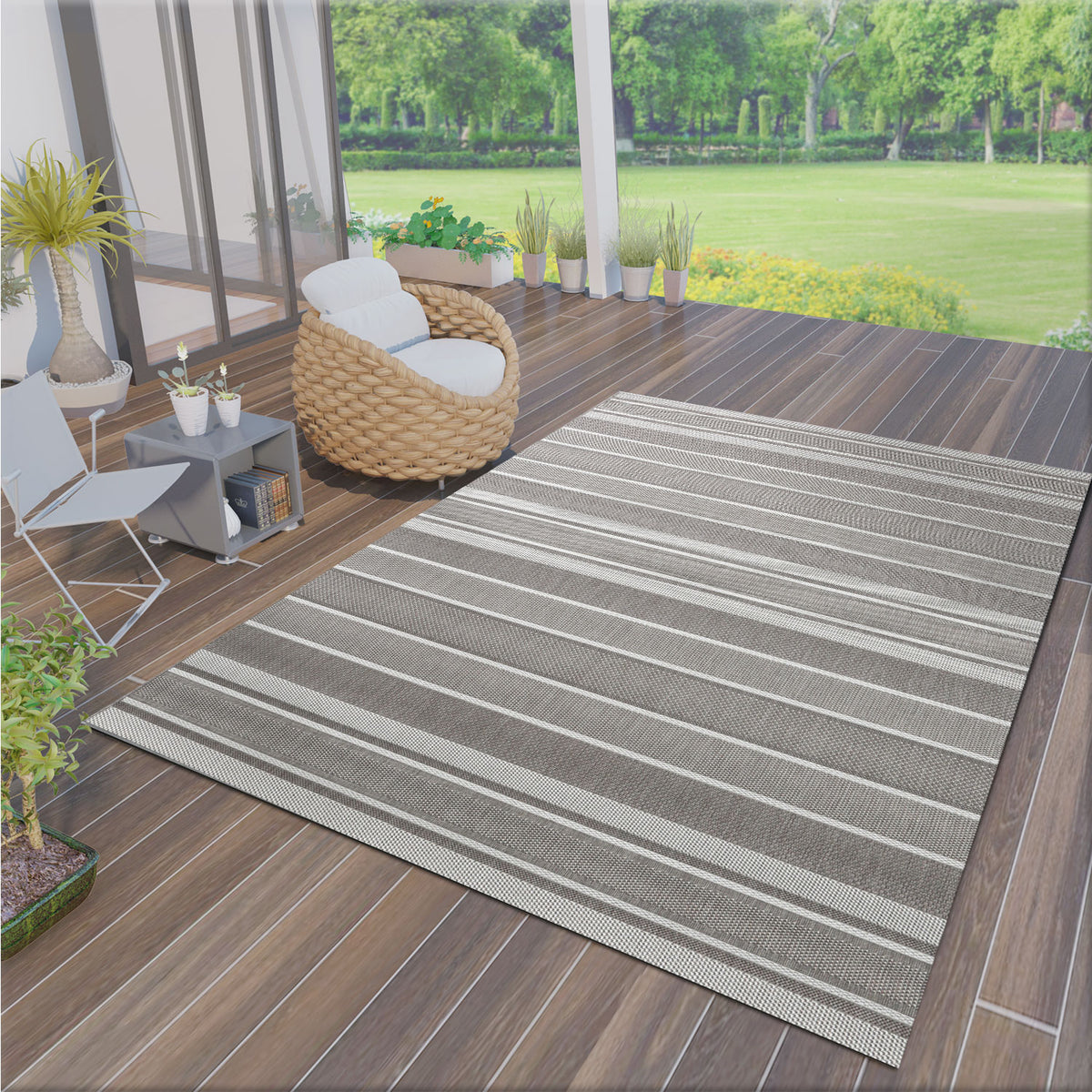 Flatweave Rug Striped Indoor and Outdoor Durable 100% Polypropylene Beige-1