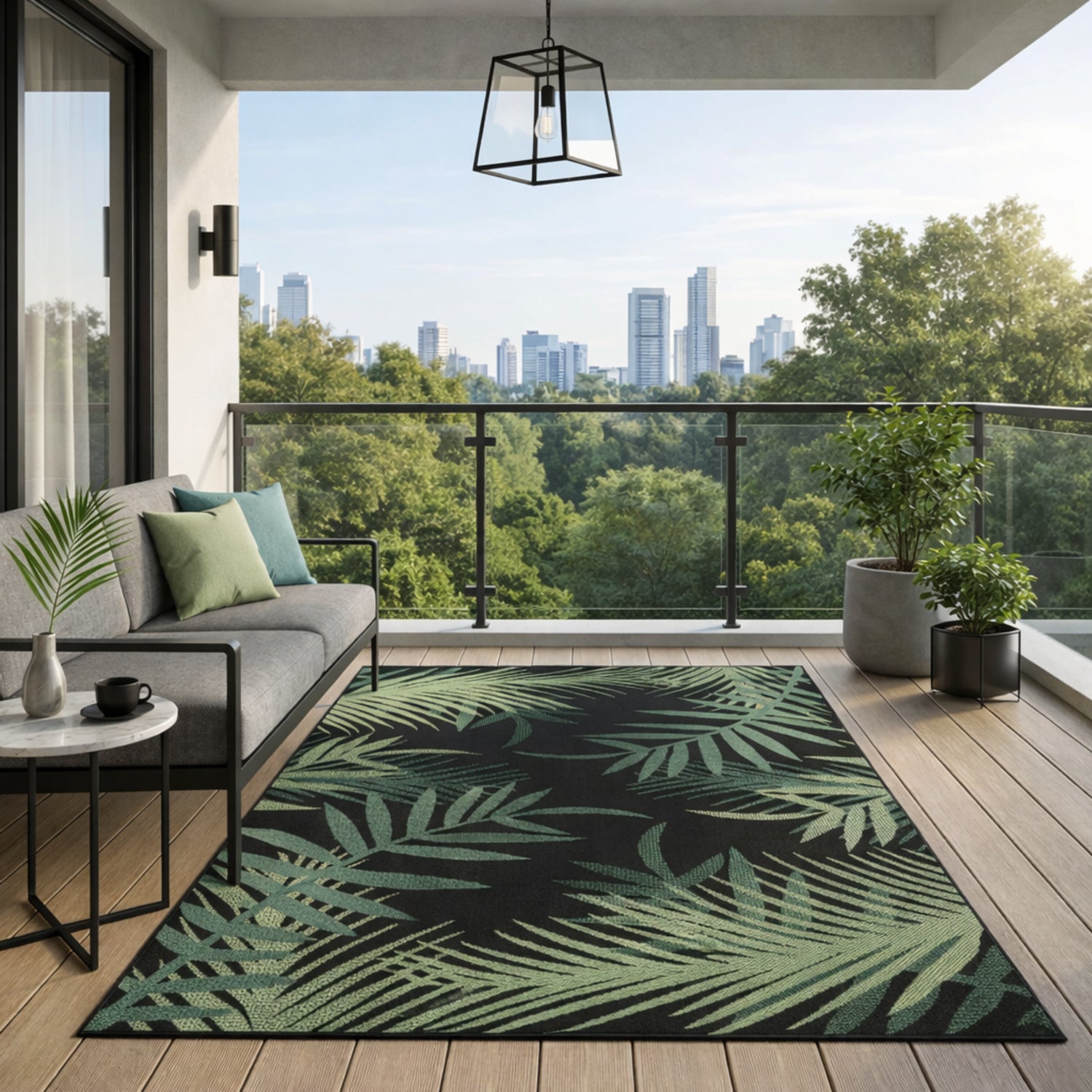 Teppich Flachgewebe für Terrasse Balkon Küche In- und Outdoor Palmenmotiv Grün Schwarz-10