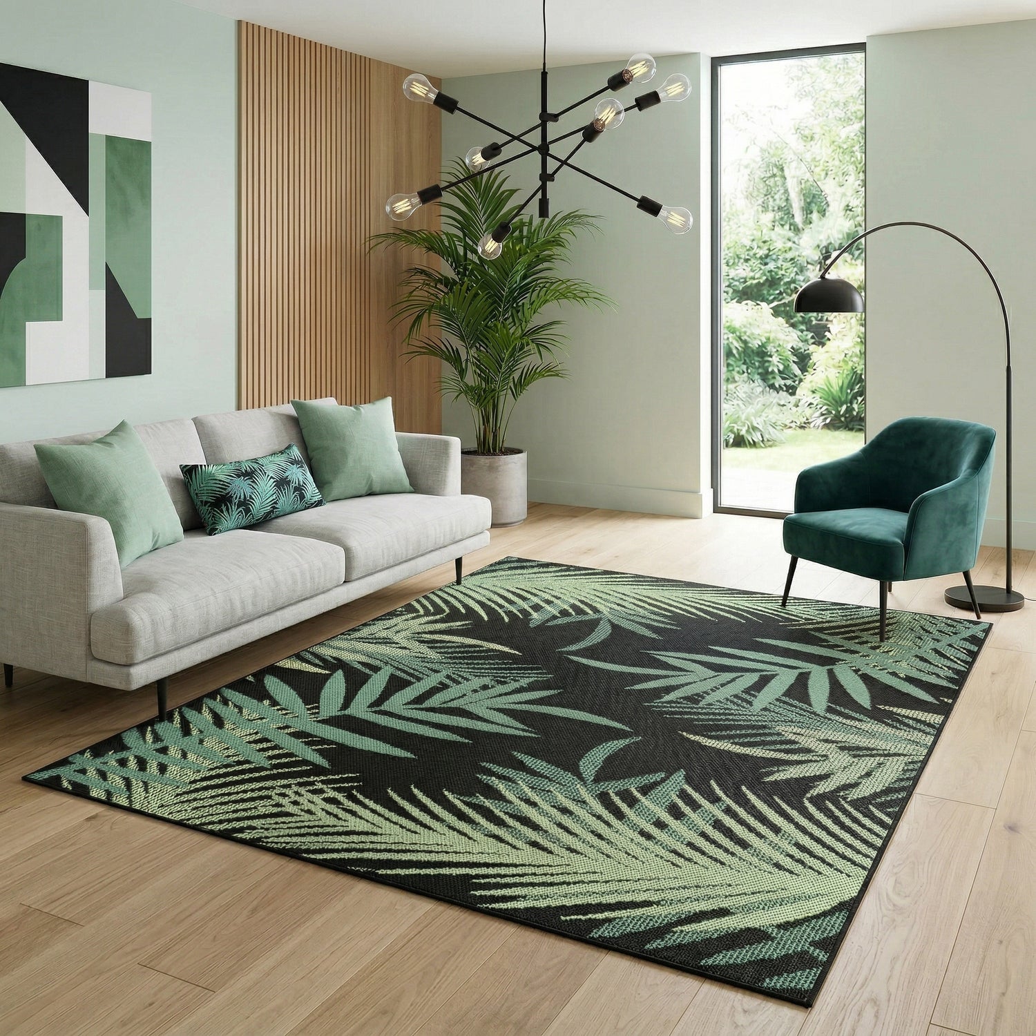 Teppich Flachgewebe für Terrasse Balkon Küche In- und Outdoor Palmenmotiv Grün Schwarz-12