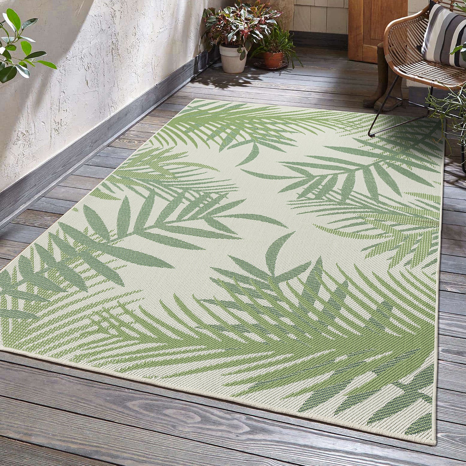 Teppich Flachgewebe für Terrasse Balkon Küche In- und Outdoor Palmenmotiv Grün Schwarz-zoom-1