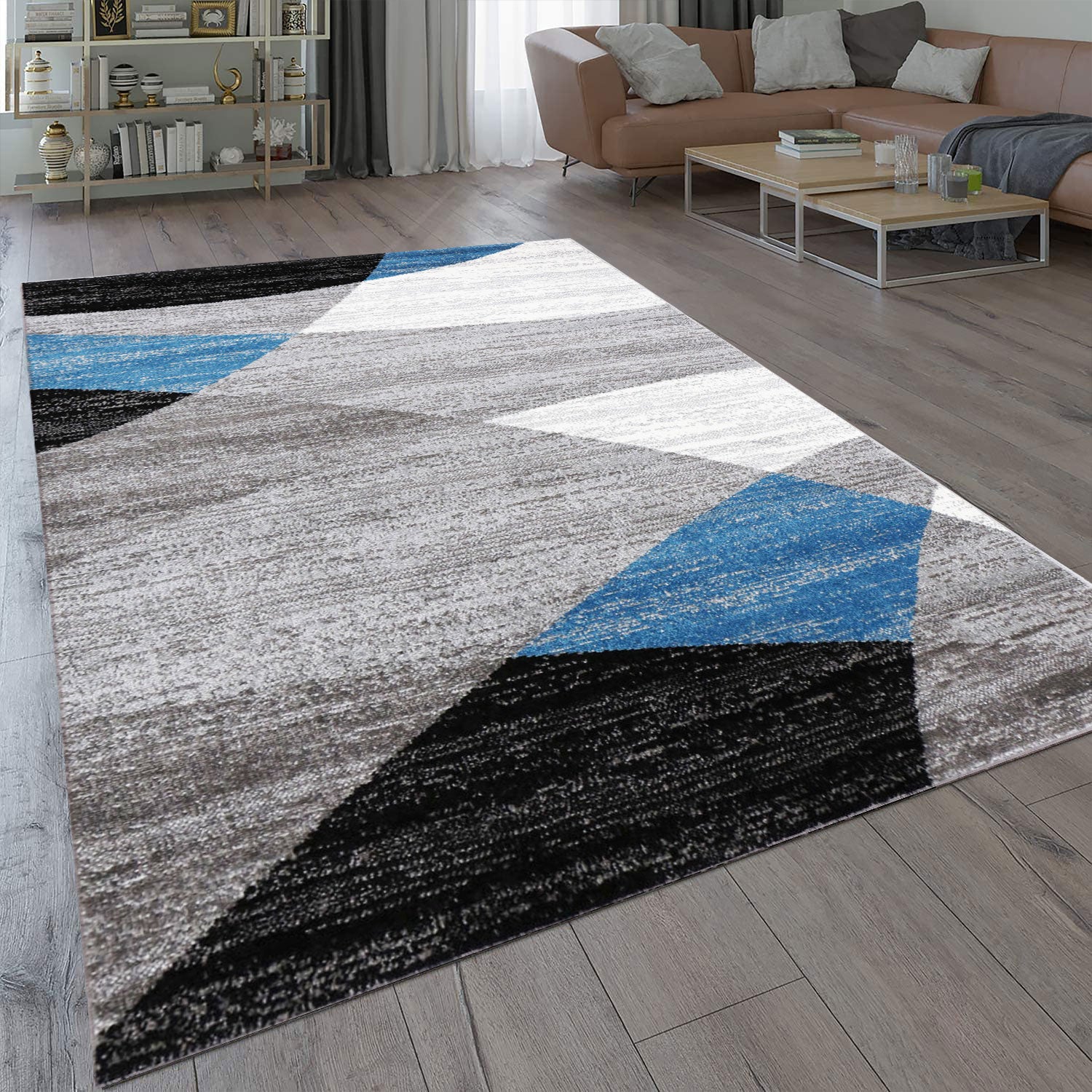 Teppich Geometrisches Muster Meliert in Blau Grau Weiß Schwarz Kurzflor Wohnzimmer-zoom-1