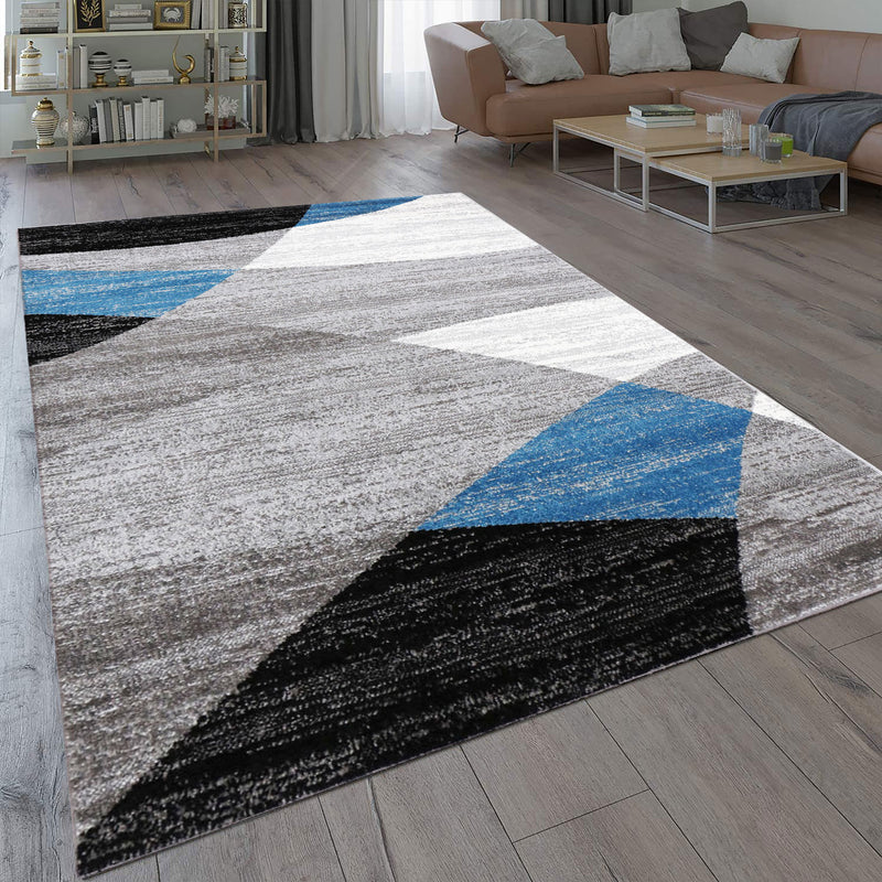 Teppich Geometrisches Muster Meliert in Blau Grau Weiß Schwarz Kurzflor Wohnzimmer-zoom-