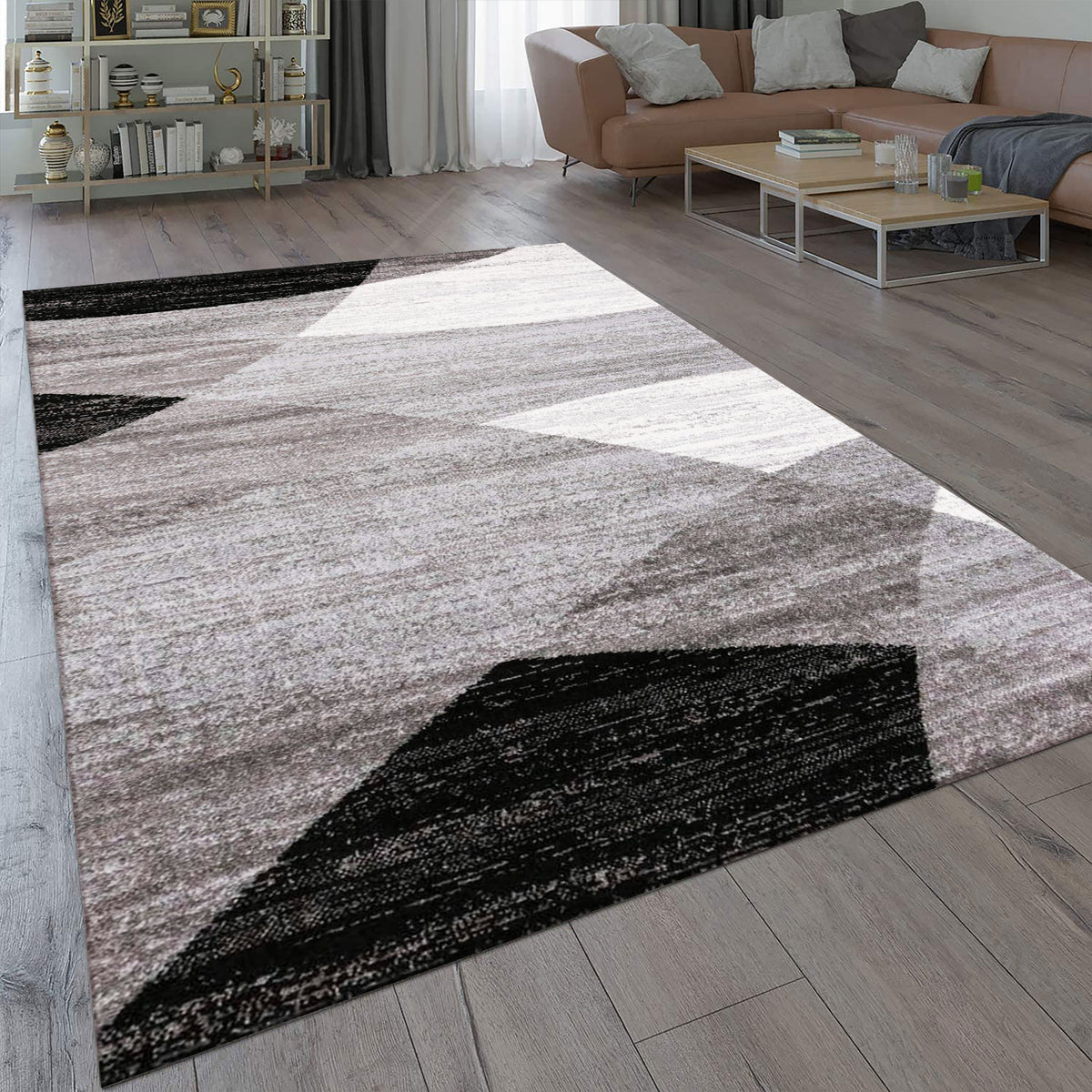 Teppich Geometrisches Muster Meliert in Grau Weiß Schwarz Kurzflor Läu