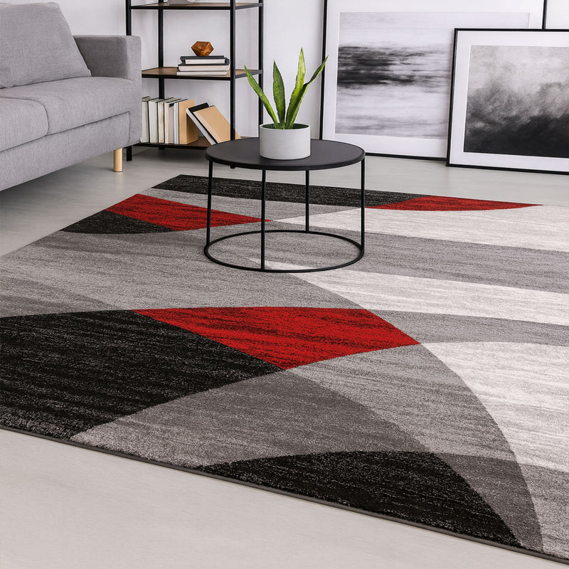 Teppich Geometrisches Muster Meliert in Rot Grau Weiß Schwarz Kurzflor Wohnzimmer-zoom-