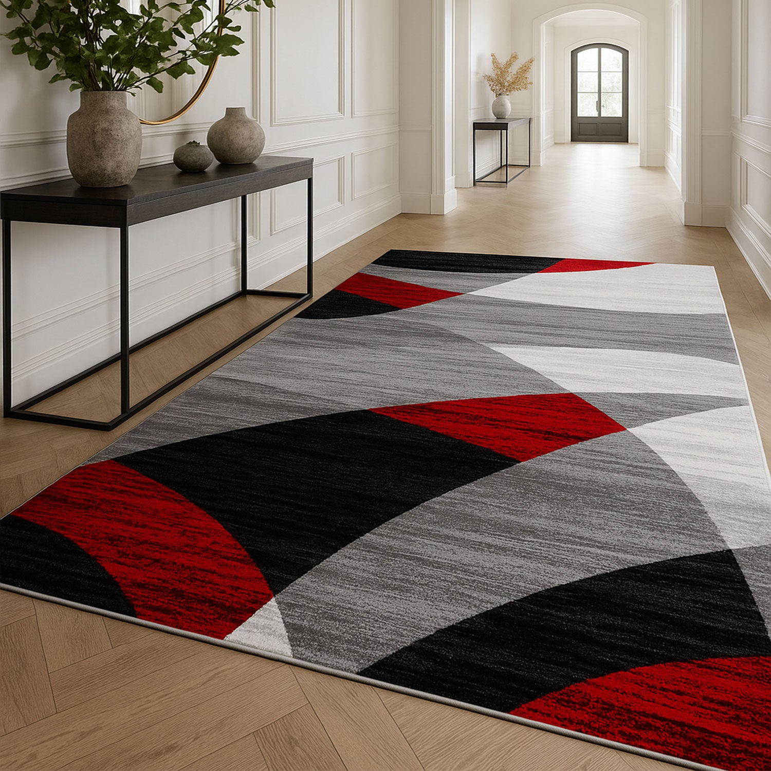 Teppich Geometrisches Muster Meliert in Rot Grau Weiß Schwarz Kurzflor Wohnzimmer-zoom-3