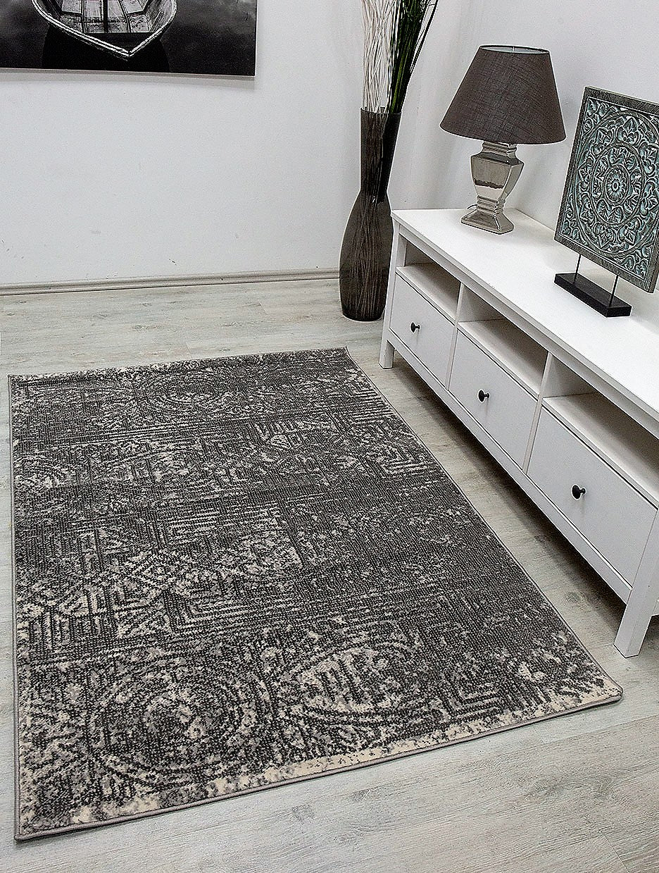 Teppich Grau Creme Abstrakt Vintage Look Wohnzimmer Kurzflor Designer Teppich-zoom-1