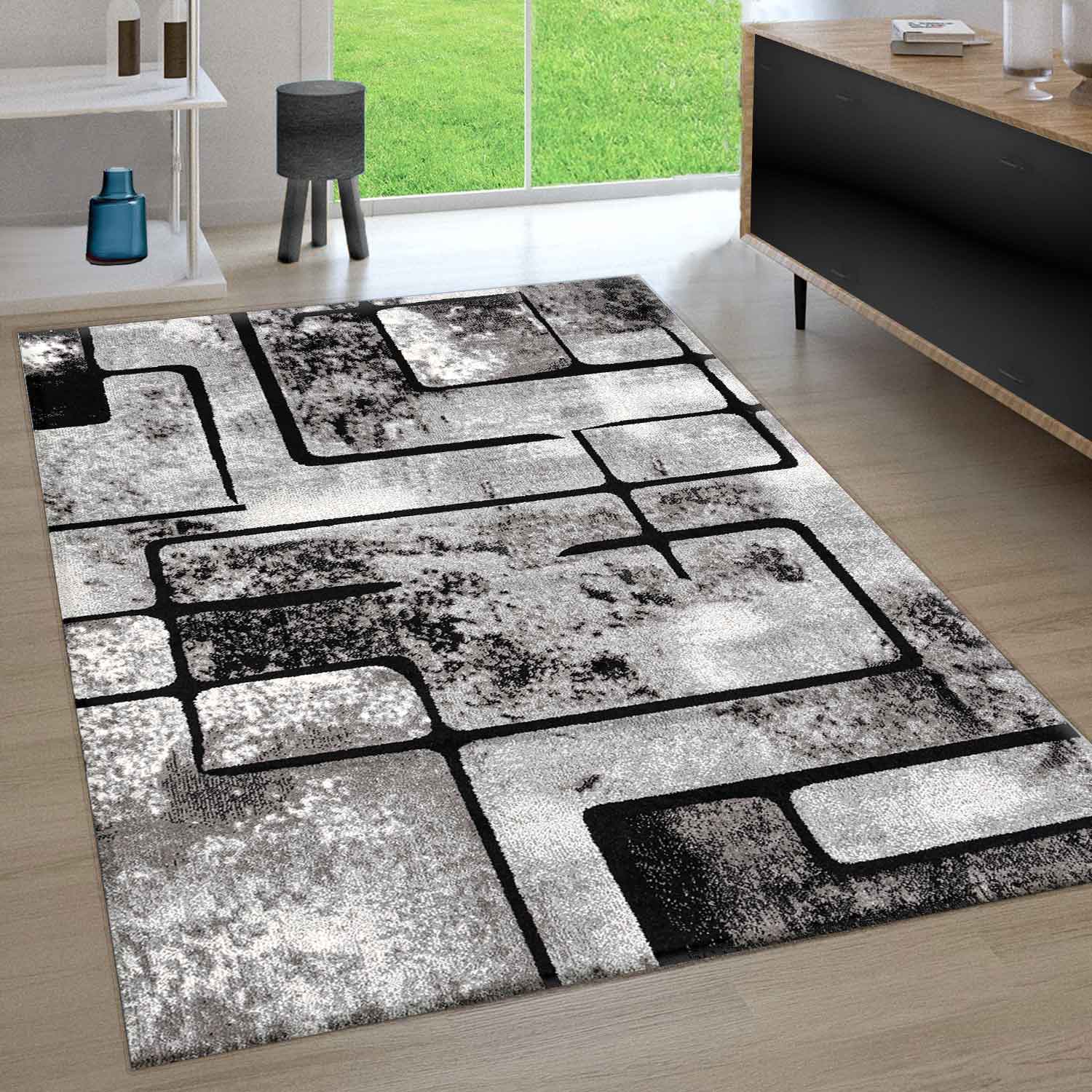 Teppich Grau Wohnzimmer Vintage Kurzflor Geometrisch Muster Abstrakt Meliert-2
