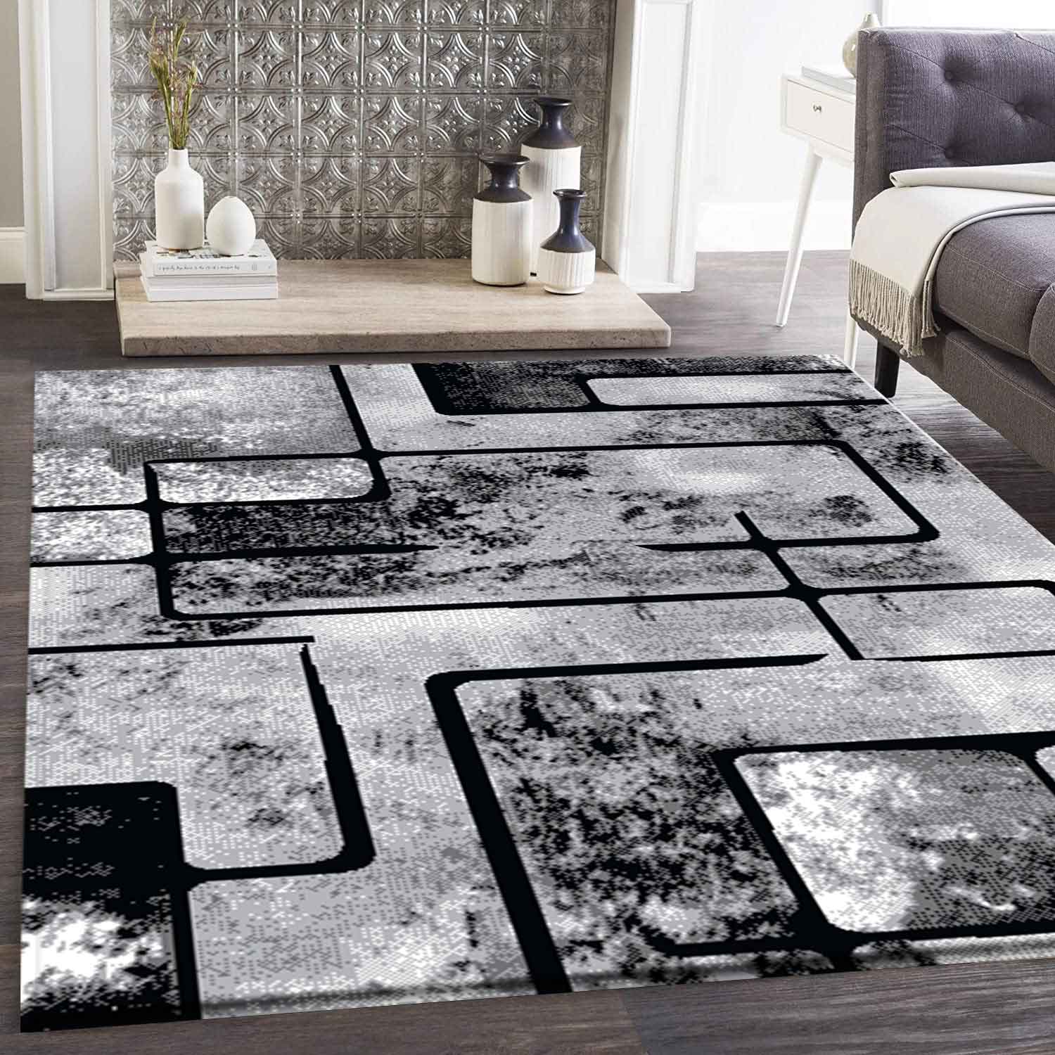 Teppich Grau Wohnzimmer Vintage Kurzflor Geometrisch Muster Abstrakt Meliert-1