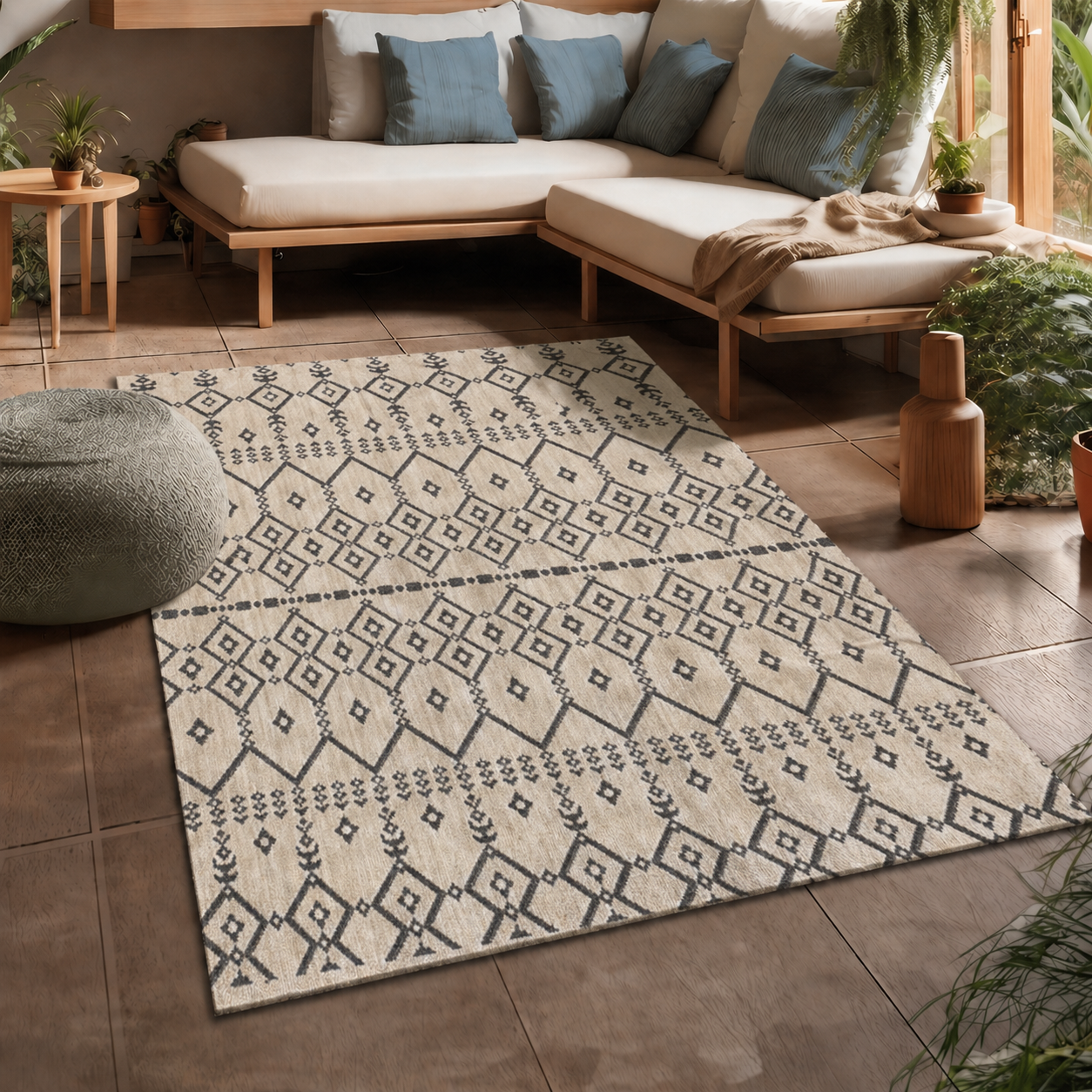 Teppich In- und Outdoor Flachgewebe Terrasse Balkon Wetterfest Wintergarten Robust BOHO geprägtes Design