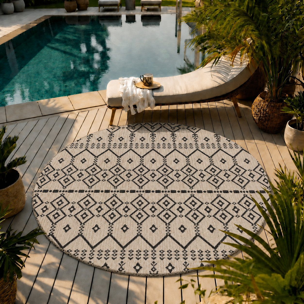 Teppich In- und Outdoor Flachgewebe Terrasse Balkon Wetterfest Wintergarten Robust BOHO geprägtes Design-4