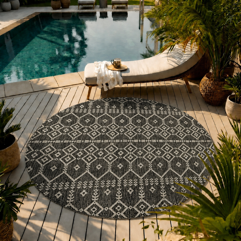 Teppich In- und Outdoor Flachgewebe Terrasse Balkon Wetterfest Wintergarten Robust BOHO geprägtes Design-zoom-
