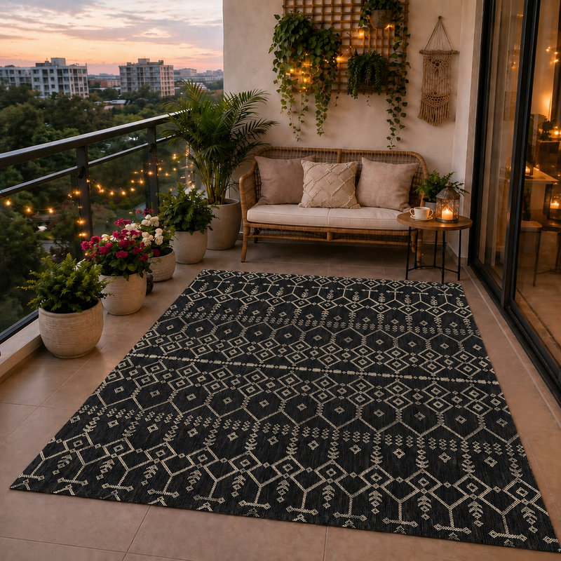 Teppich In- und Outdoor Flachgewebe Terrasse Balkon Wetterfest Wintergarten Robust BOHO geprägtes Design-zoom-