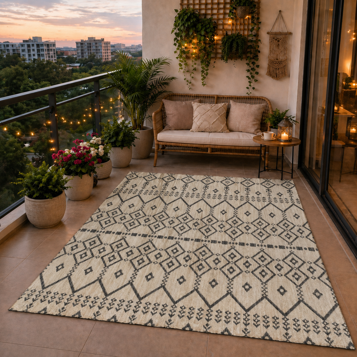 Teppich In- und Outdoor Flachgewebe Terrasse Balkon Wetterfest Wintergarten Robust BOHO geprägtes Design