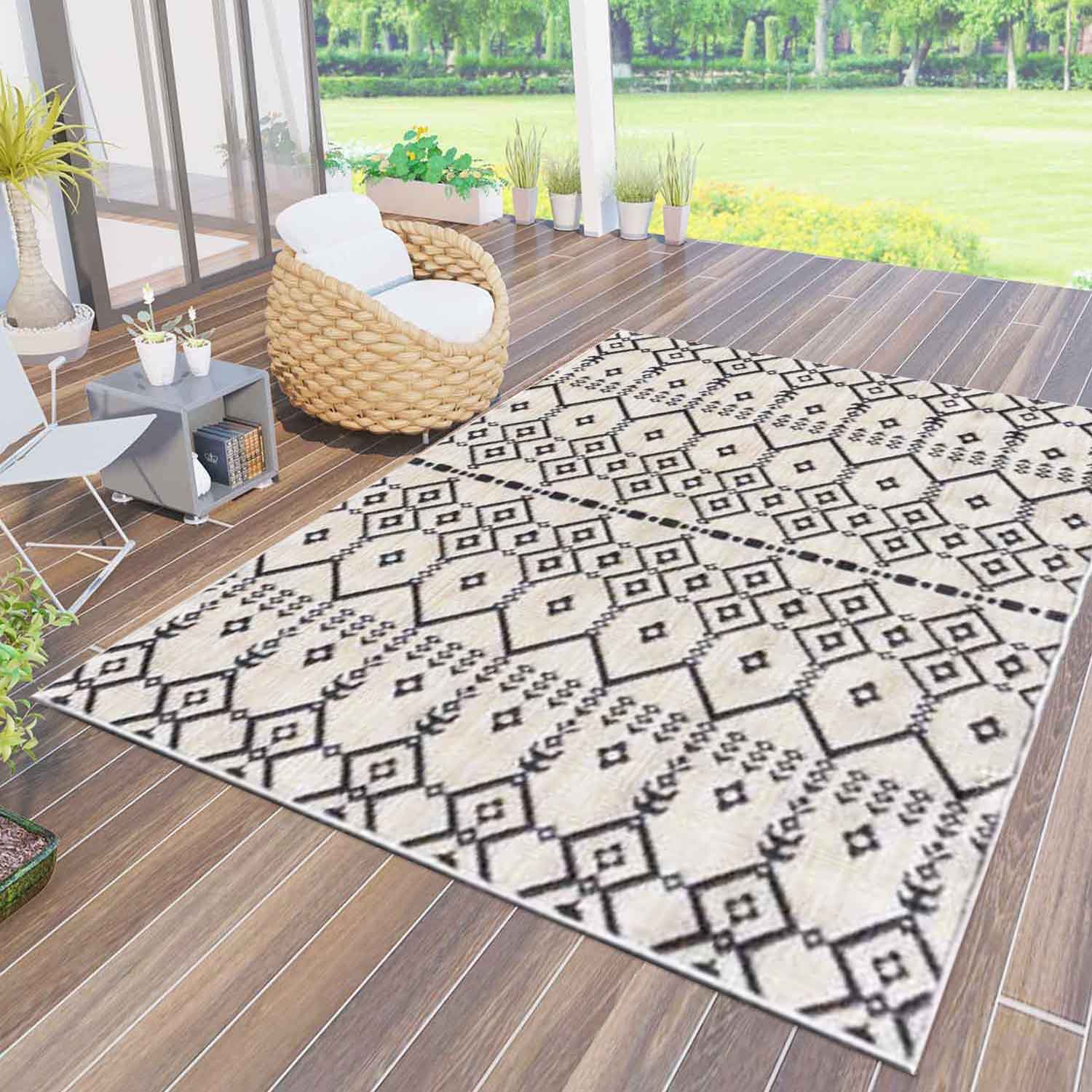 Teppich In- und Outdoor Flachgewebe Terrasse Balkon Wetterfest Wintergarten Robust BOHO geprägtes Design