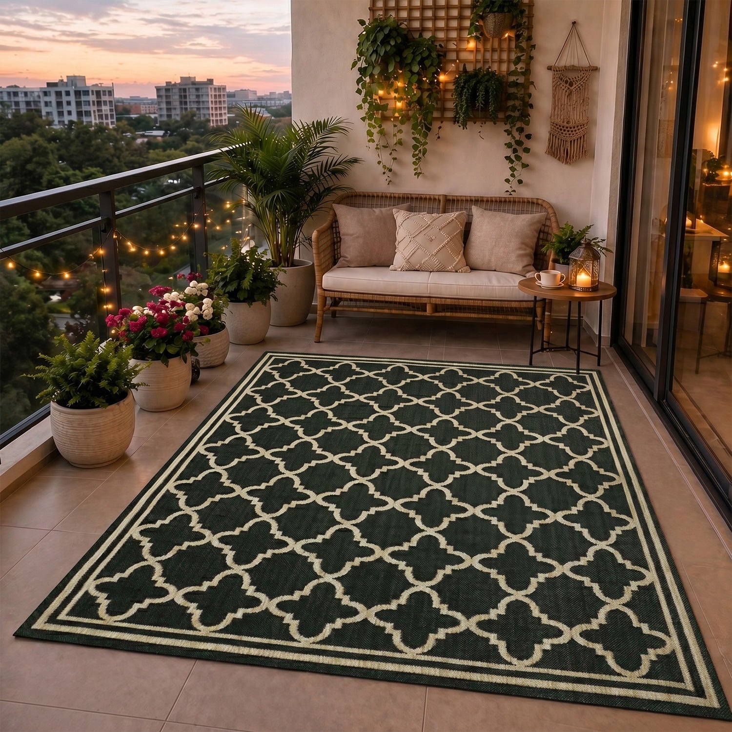 Indoor and outdoor flatweave carpet for patios, balconies, and conservatories; durable, with a Moroccan-inspired design-12
