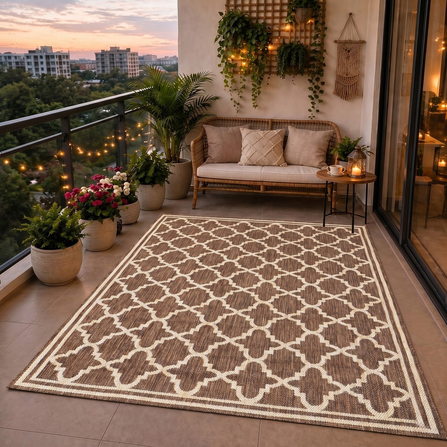 Indoor and outdoor flatweave carpet for patios, balconies, and conservatories; durable, with a Moroccan-inspired design-zoom-8