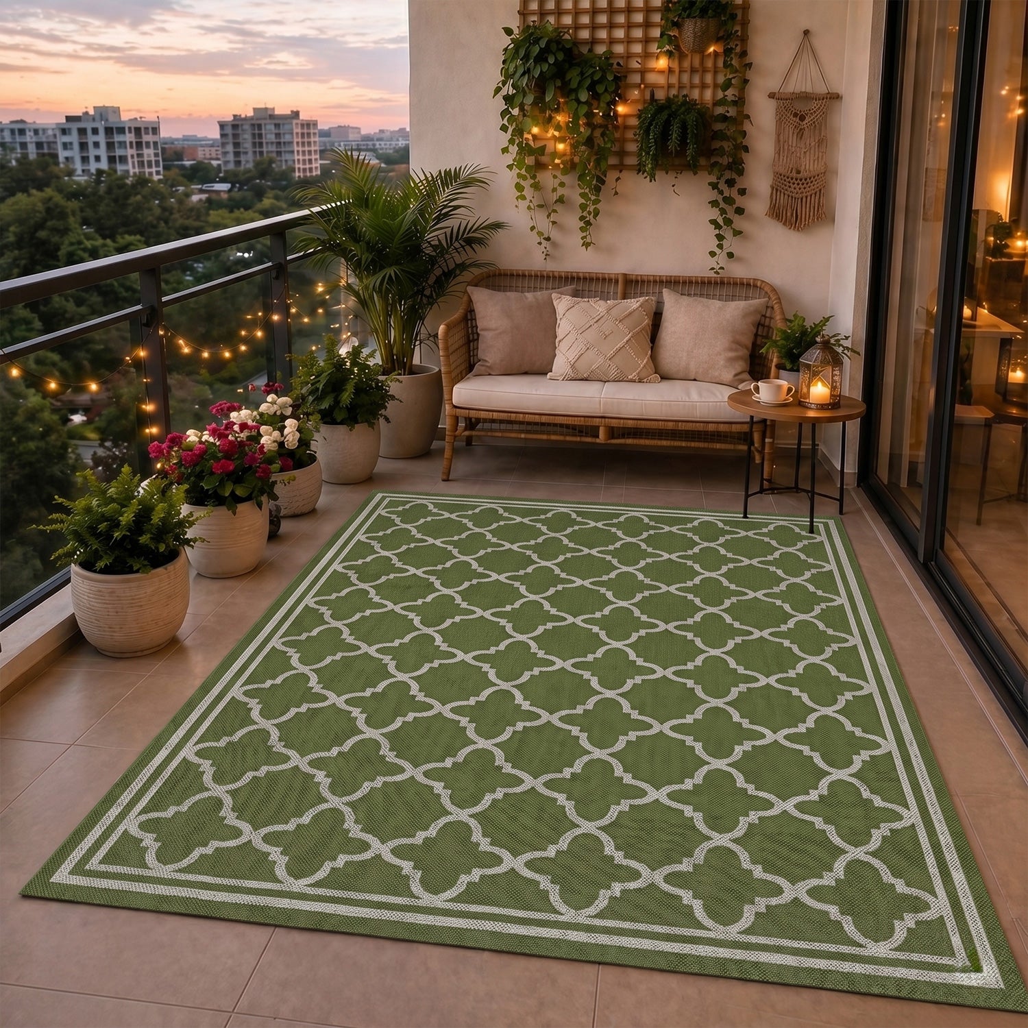 Indoor and outdoor flatweave carpet for patios, balconies, and conservatories; durable, with a Moroccan-inspired design-zoom-16