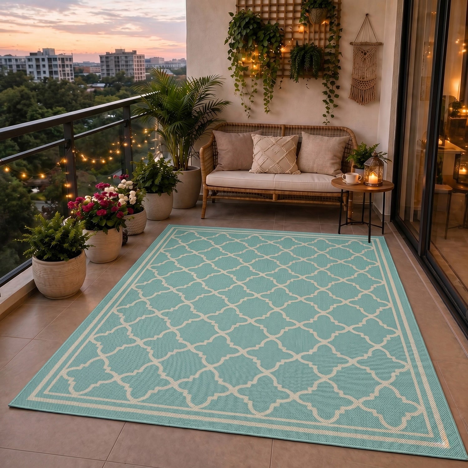 Indoor and outdoor flatweave carpet for patios, balconies, and conservatories; durable, with a Moroccan-inspired design-zoom-5