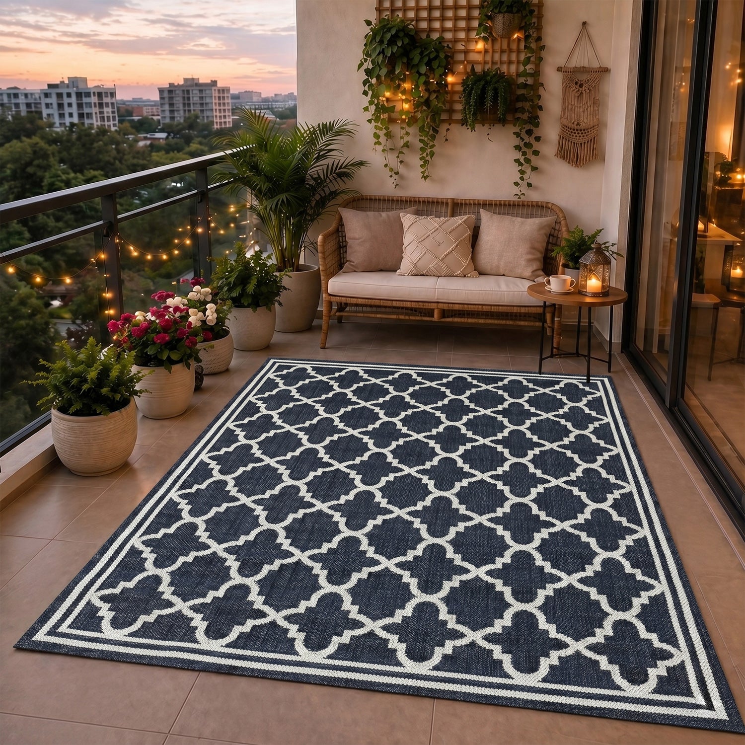 Indoor and outdoor flatweave carpet for patios, balconies, and conservatories; durable, with a Moroccan-inspired design-19