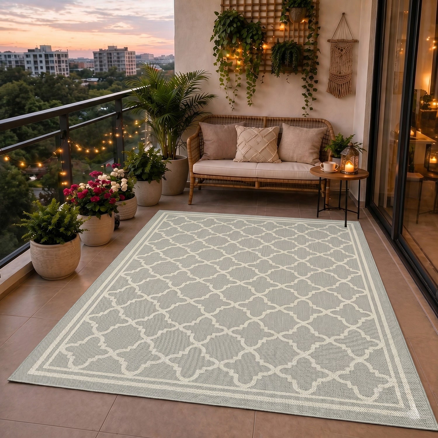 Indoor and outdoor flatweave carpet for patios, balconies, and conservatories; durable, with a Moroccan-inspired design