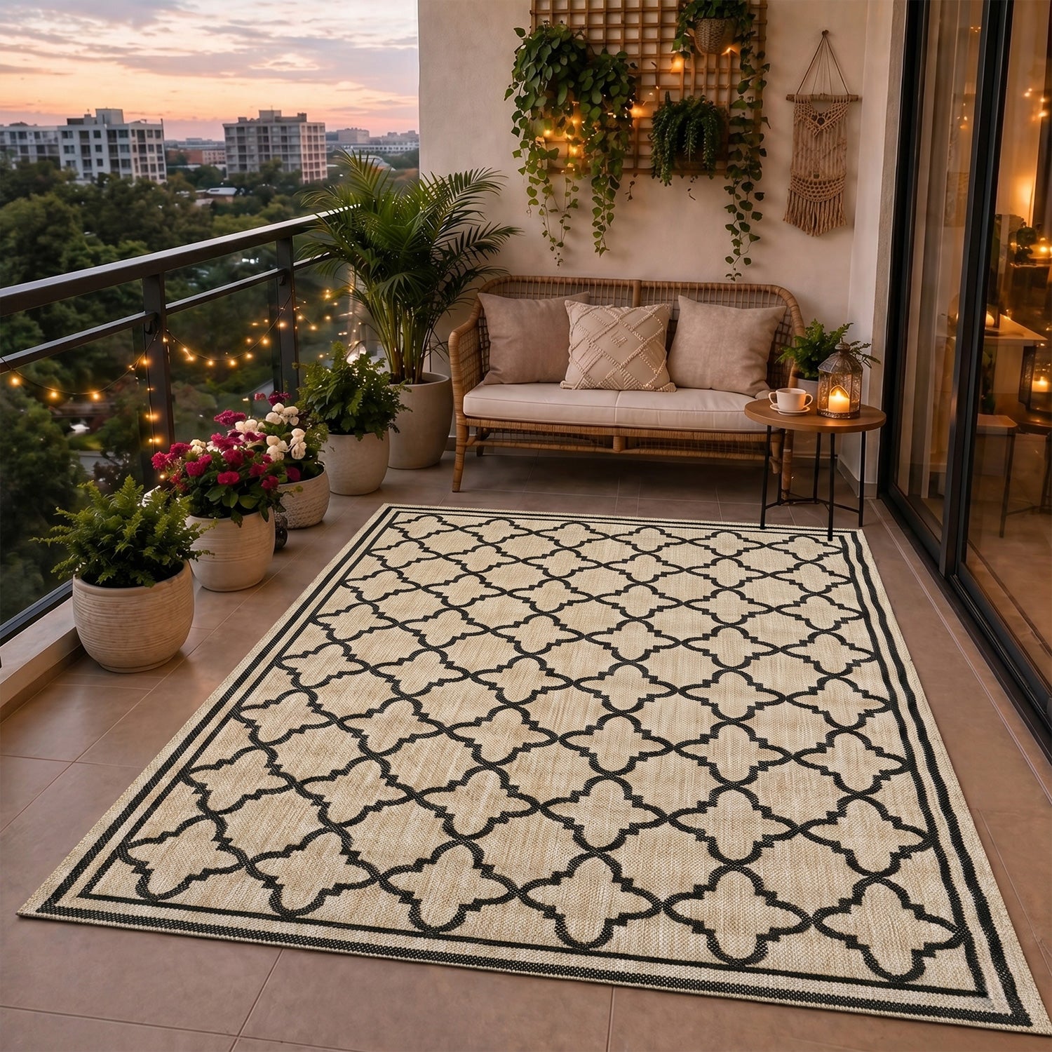Indoor and outdoor flatweave carpet for patios, balconies, and conservatories; durable, with a Moroccan-inspired design-21