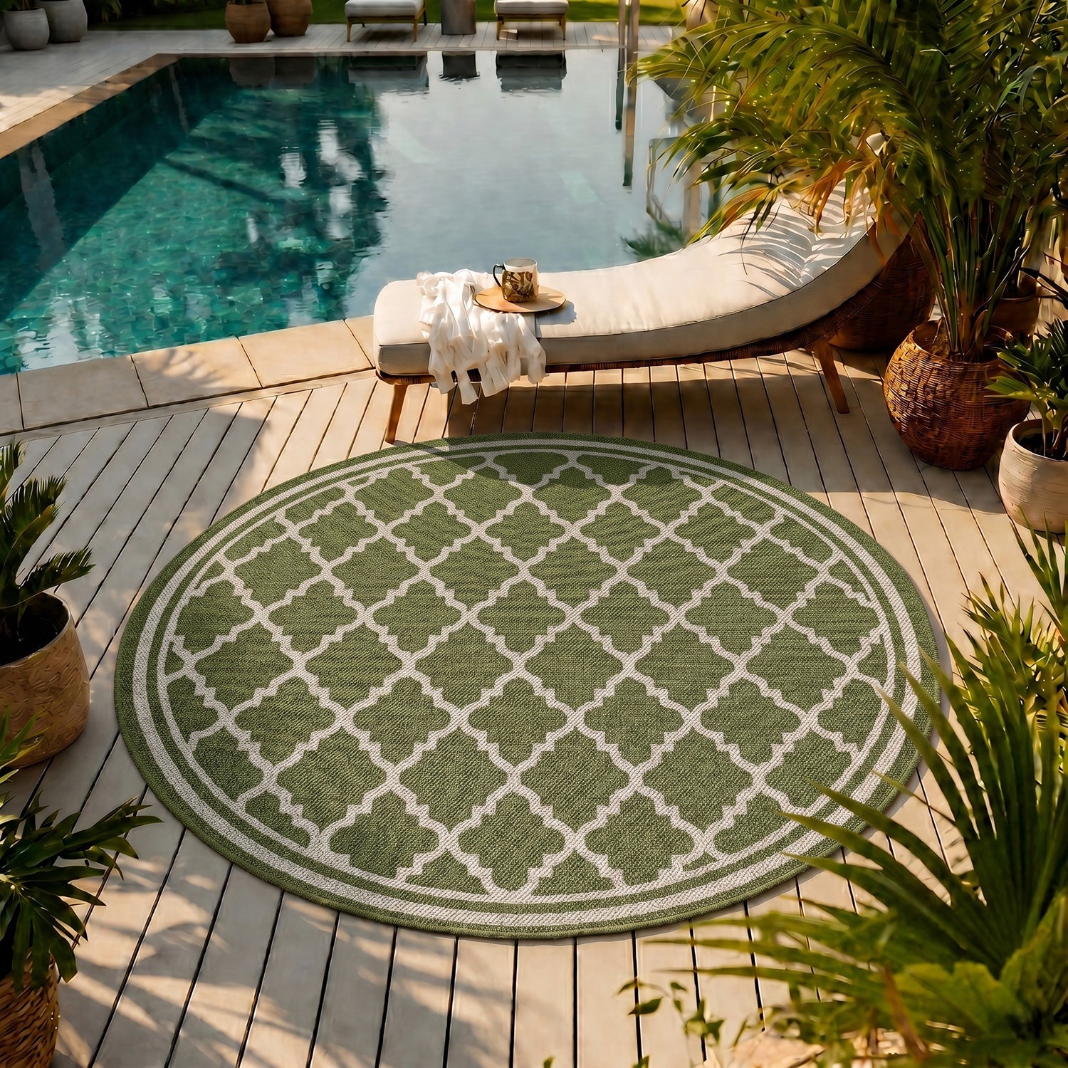 Indoor and outdoor flatweave carpet for patios, balconies, and conservatories; durable, with a Moroccan-inspired design-17