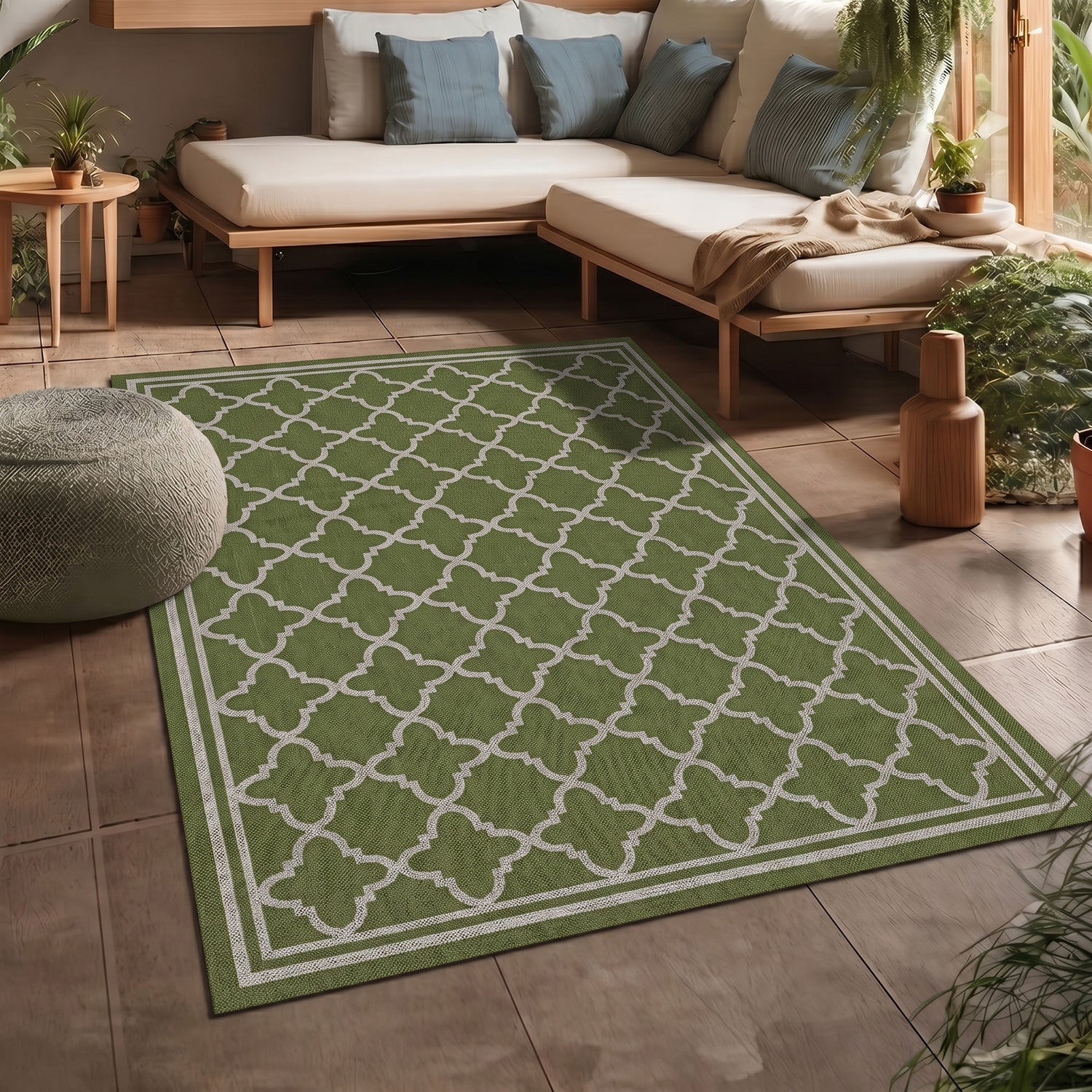 Indoor and outdoor flatweave carpet for patios, balconies, and conservatories; durable, with a Moroccan-inspired design-11
