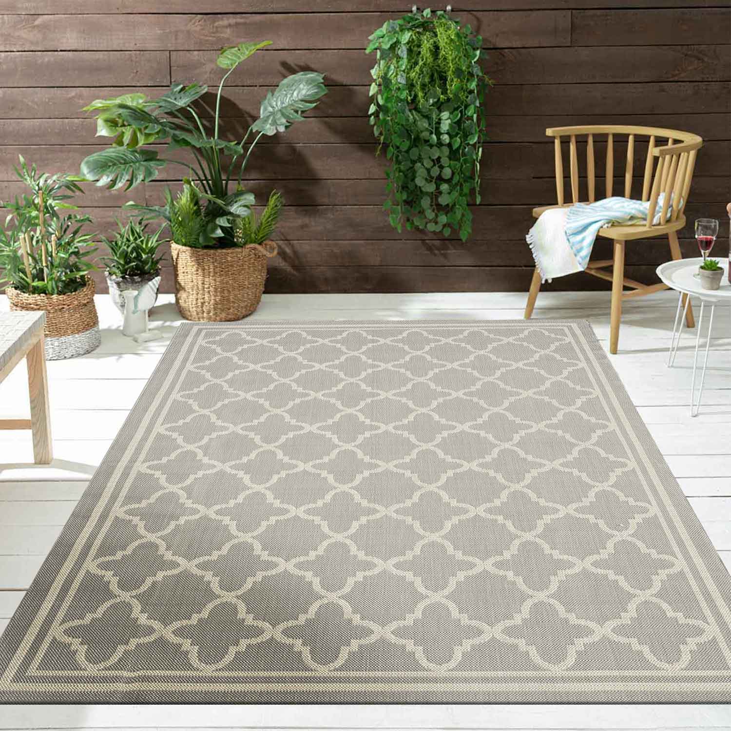 Teppich In- und Outdoor Flachgewebe Terrasse Balkon Wetterfest Wintergarten Robust Marokkanisch geprägtes Design