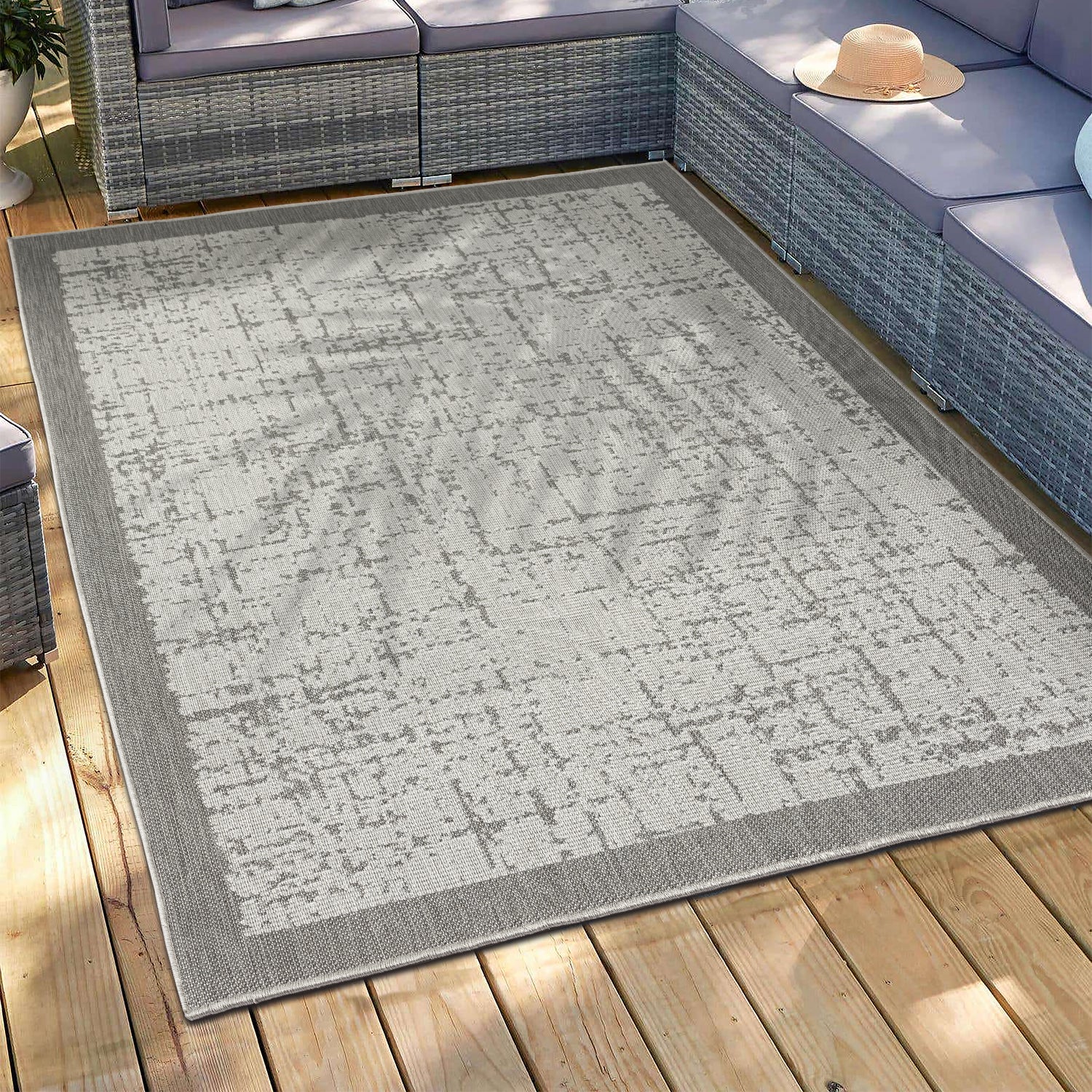 Teppich In- und Outdoor Flachgewebe Terrasse Balkon Wintergarten Robust Abstrakt Grau Anthrazit Braun-zoom-1