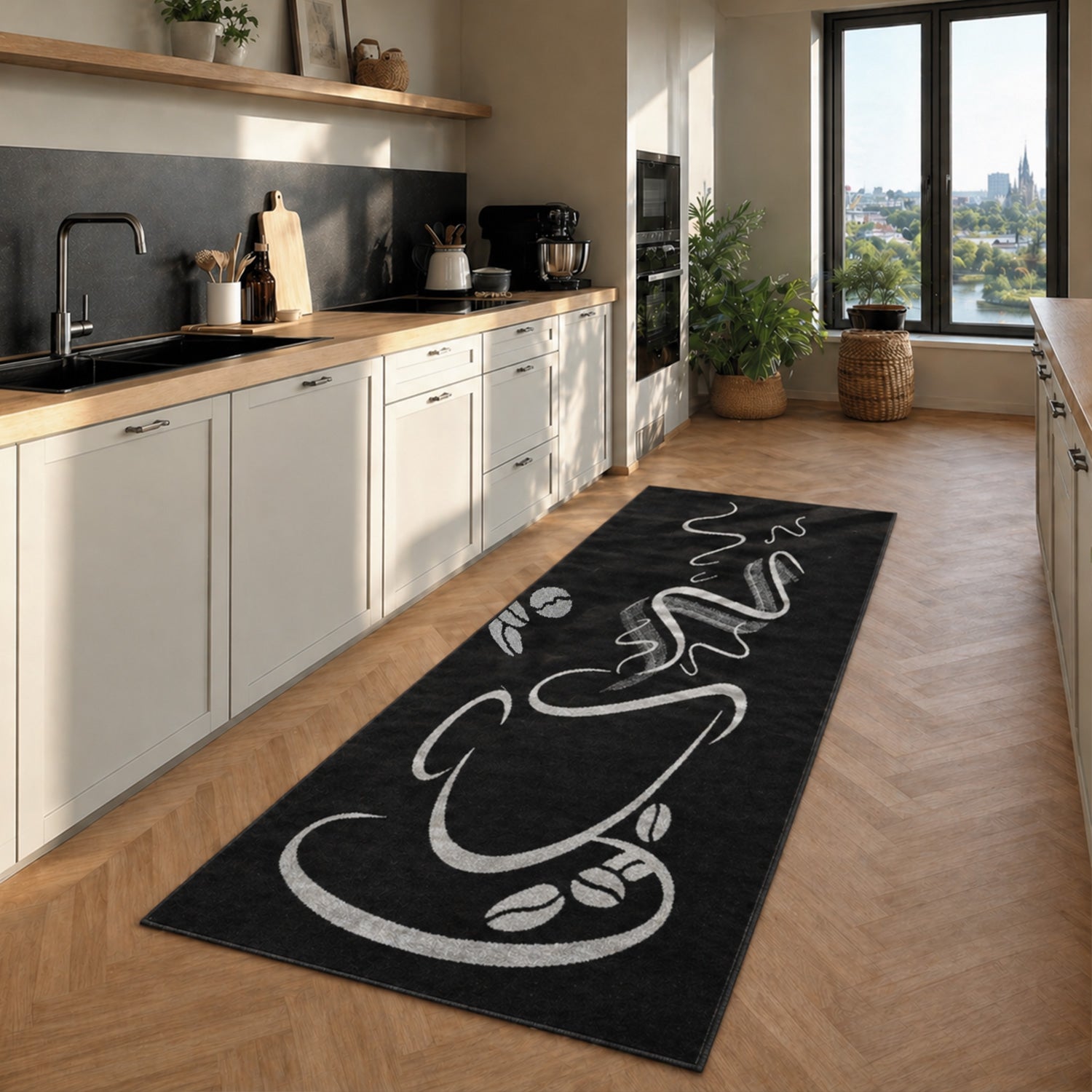Küchenteppich Trendiger Kaffee Teppich, Cappuccino Muster Tasse Kurzflor in  Braun, Grau &Schwarz-zoom-3