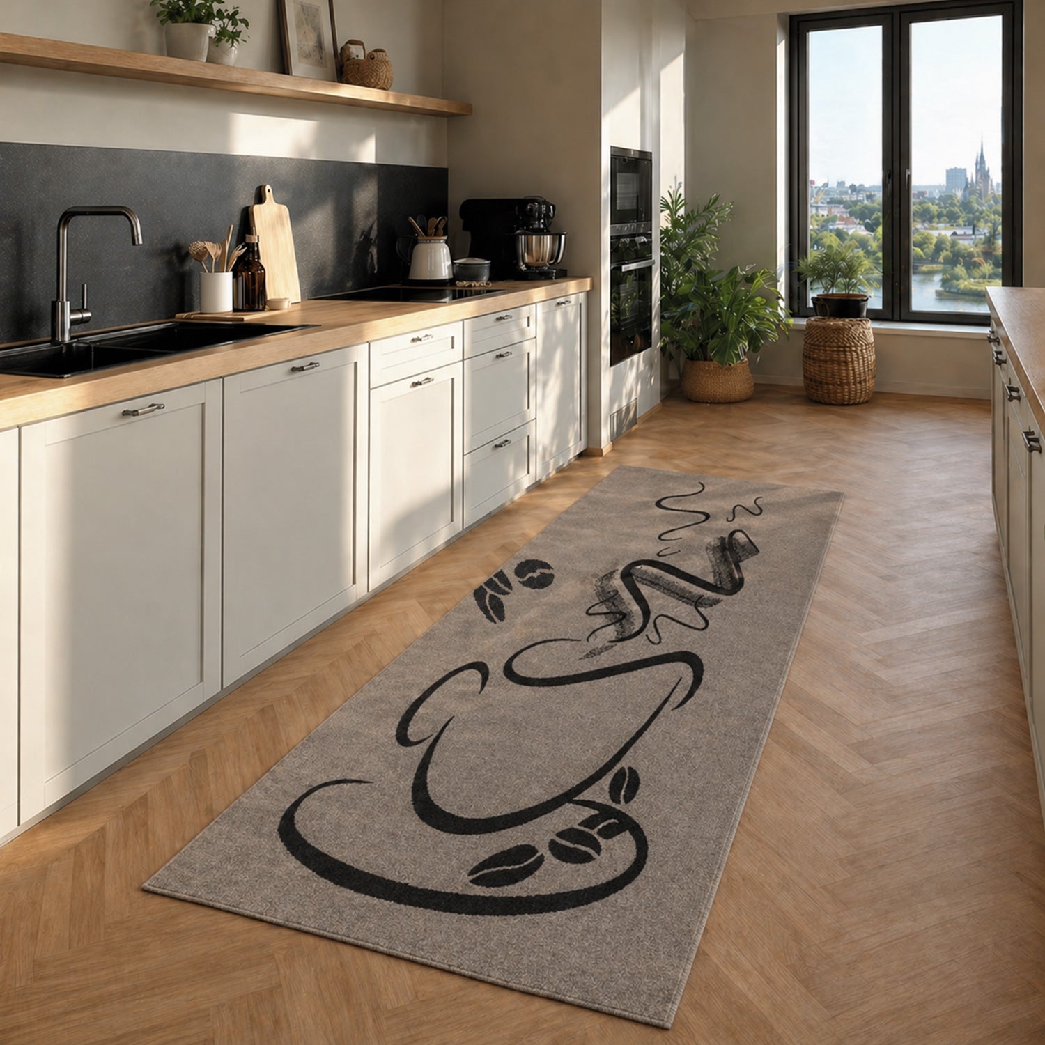 Küchenteppich Trendiger Kaffee Teppich, Cappuccino Muster Tasse Kurzflor in  Braun, Grau &Schwarz-zoom-8
