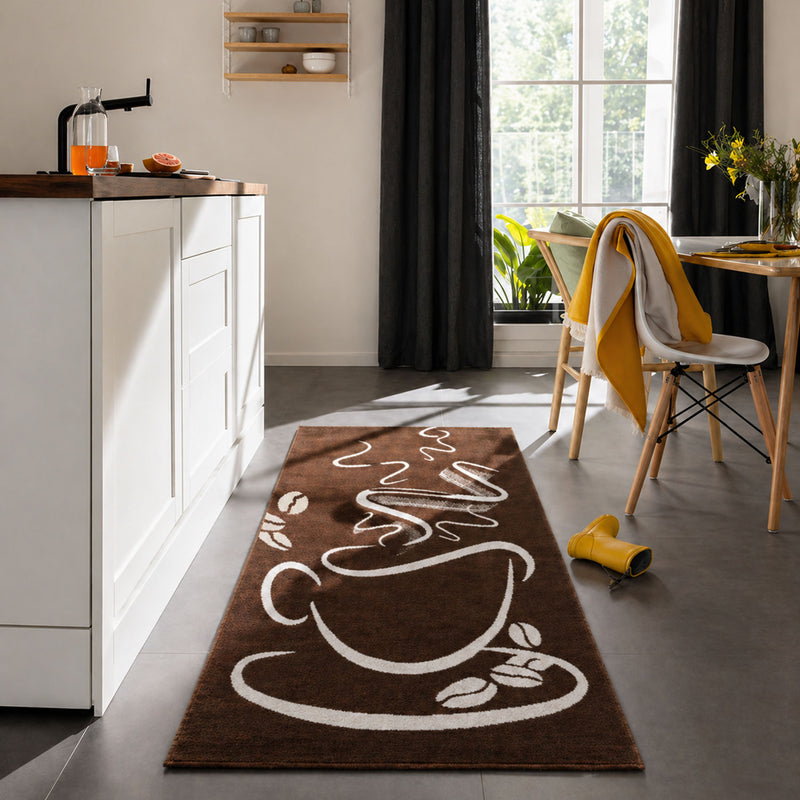 Küchenteppich Trendiger Kaffee Teppich, Cappuccino Muster Tasse Kurzflor in  Braun, Grau &Schwarz-zoom-