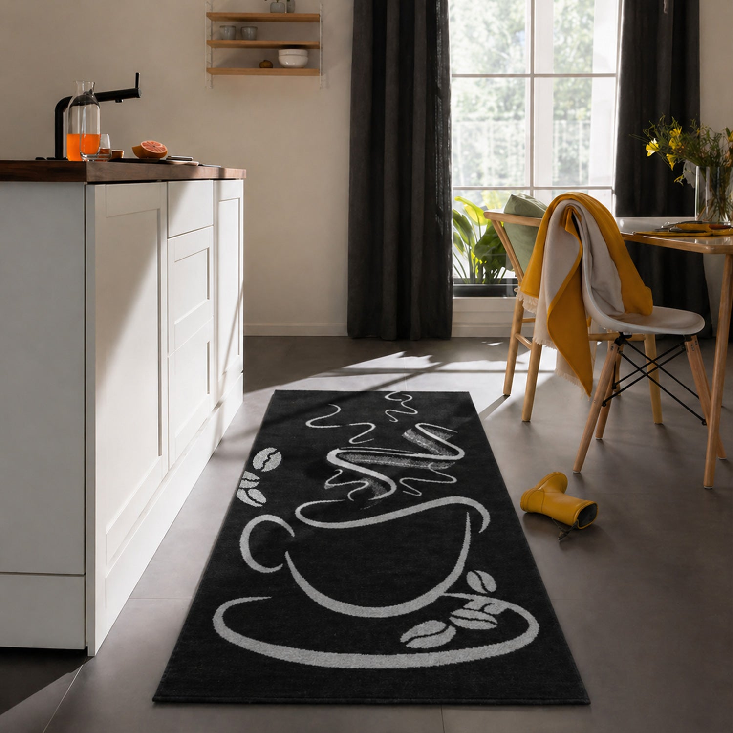 Küchenteppich Trendiger Kaffee Teppich, Cappuccino Muster Tasse Kurzflor in  Braun, Grau &Schwarz-4