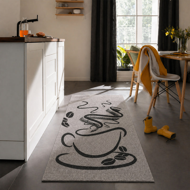 Küchenteppich Trendiger Kaffee Teppich, Cappuccino Muster Tasse Kurzflor in  Braun, Grau &Schwarz-zoom-