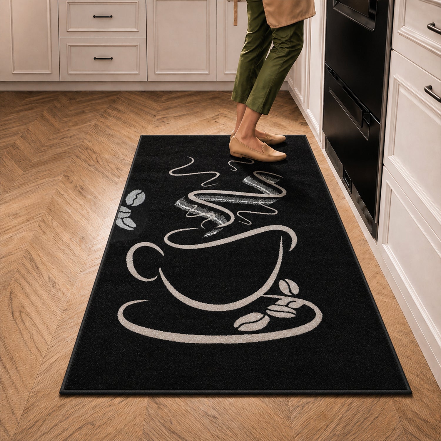 Küchenteppich Trendiger Kaffee Teppich, Cappuccino Muster Tasse Kurzflor in  Braun, Grau &Schwarz-2