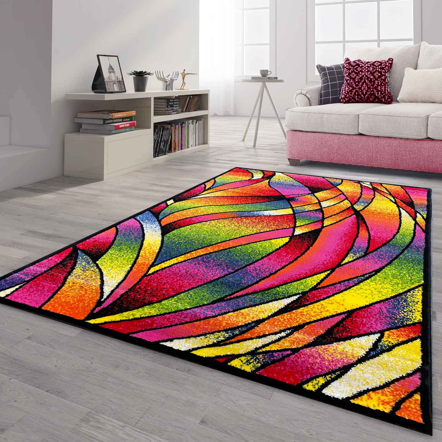Short-pile rug, colorful, patchwork, waves, dots, modern design, for living room-zoom-1
