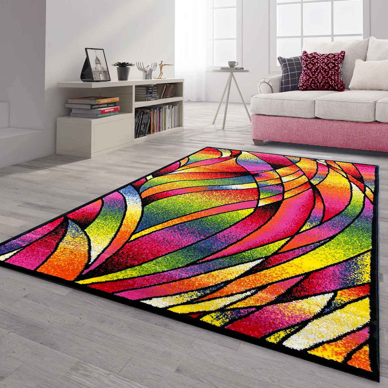 Short-pile rug, colorful, patchwork, waves, dots, modern design, for living room-zoom-