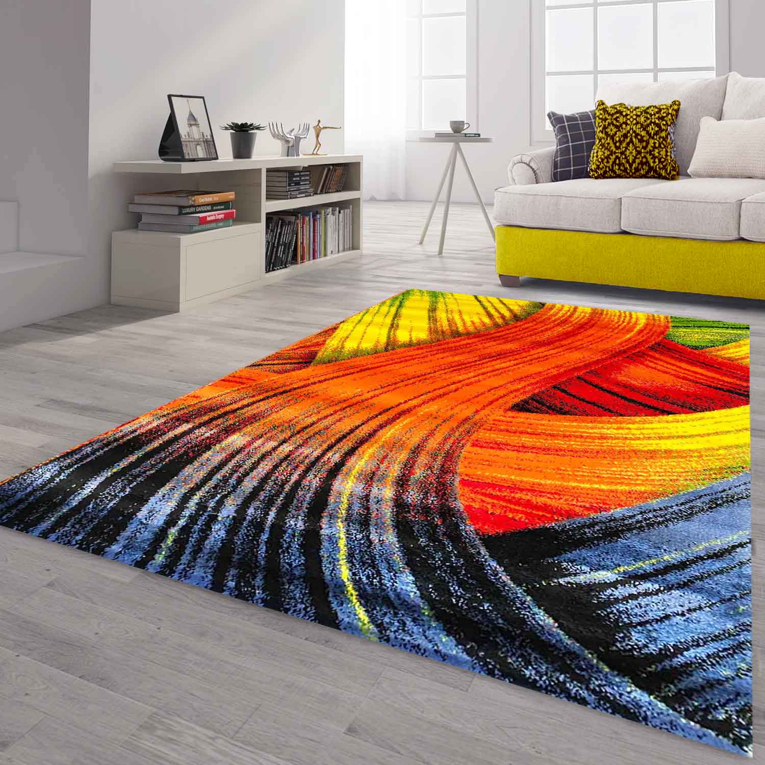 Short-pile rug, colorful, patchwork, waves, dots, modern design, for living room-5