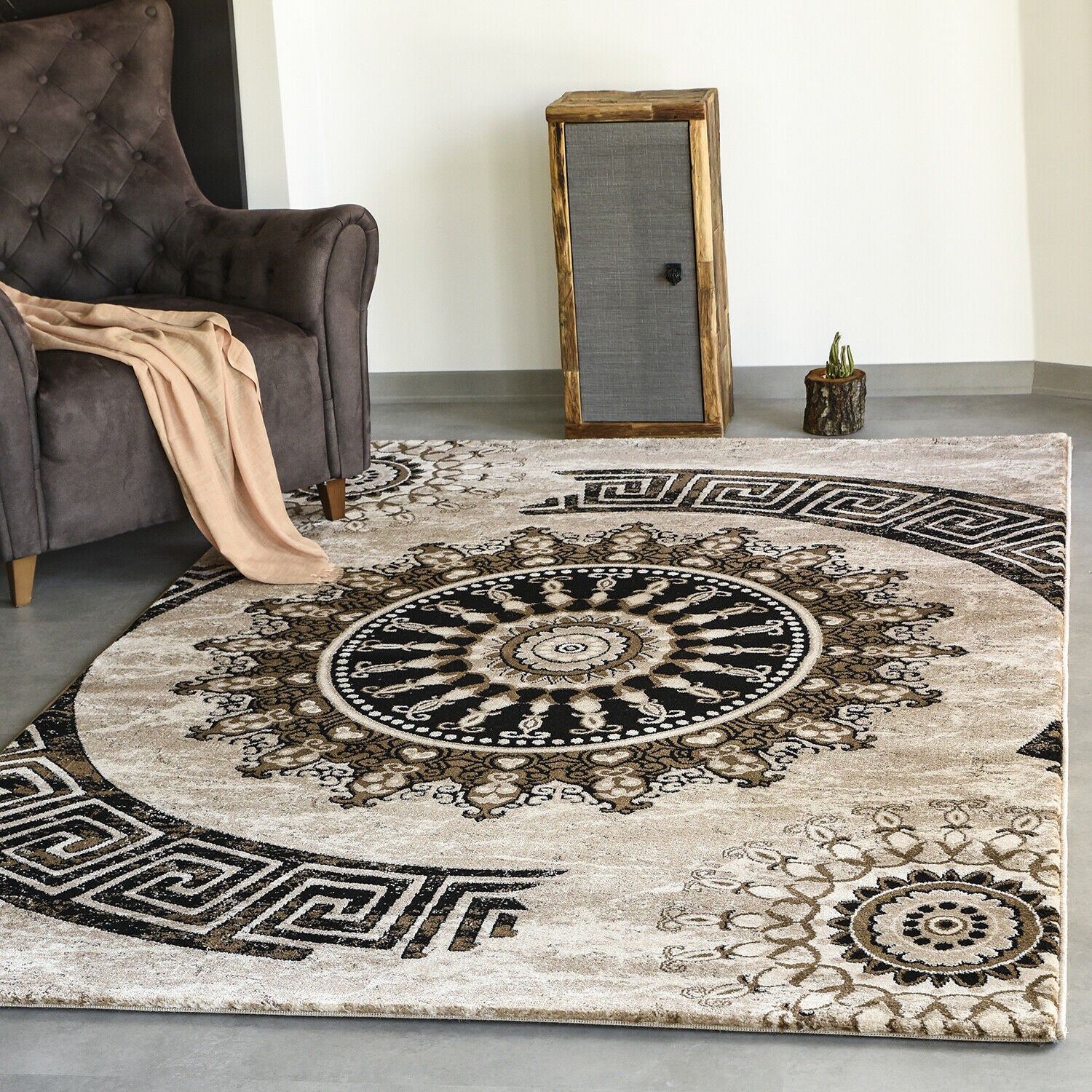 Teppich kurzflor Klassisch Orient Design Vintage Mandala Dunkelbraun Braun Beige, für Wohnzimmer, Schlafzimmer-1
