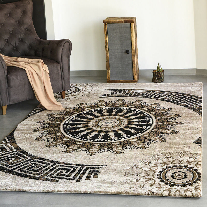 Teppich kurzflor Klassisch Orient Design Vintage Mandala Dunkelbraun Braun Beige, für Wohnzimmer, Schlafzimmer-zoom-