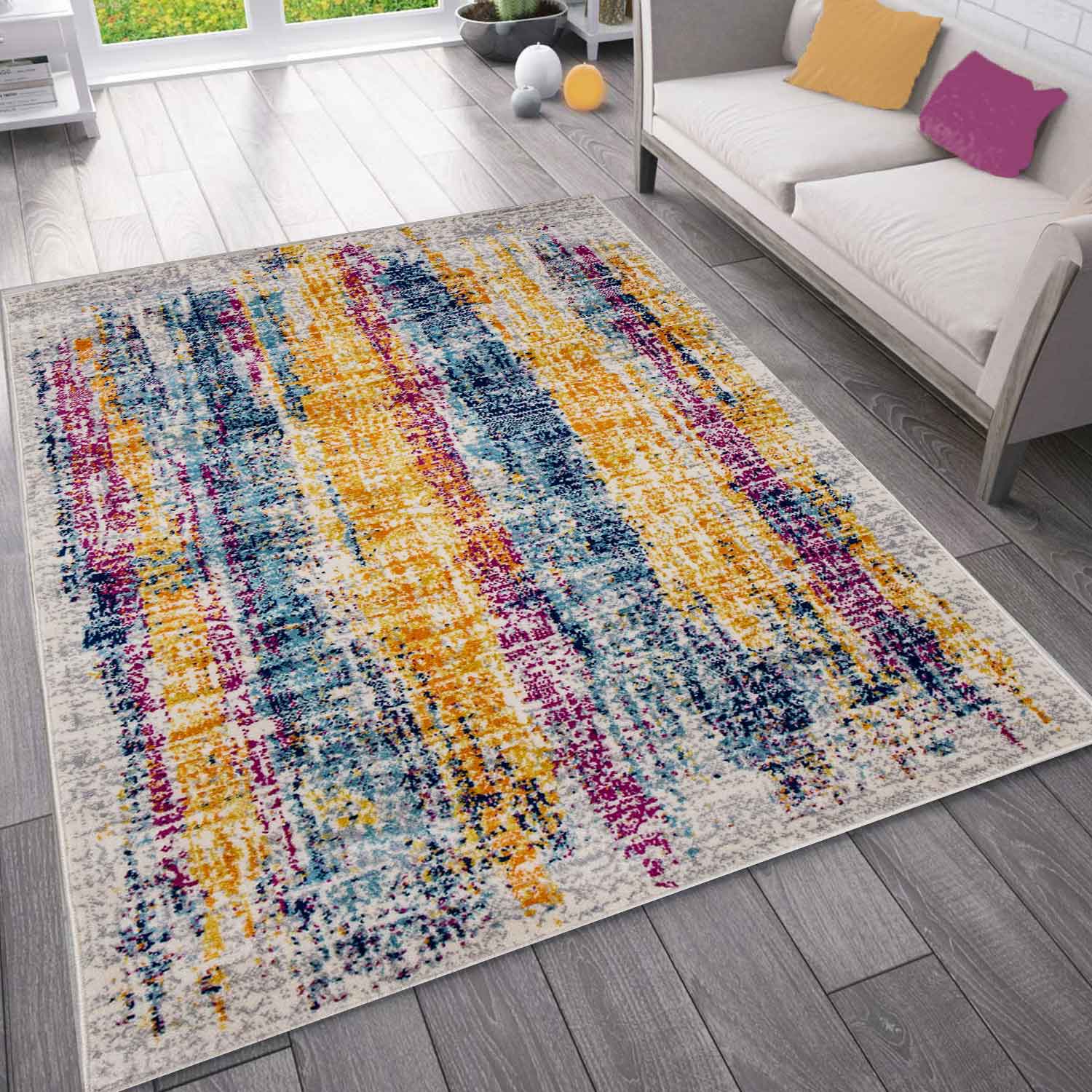 Teppich Kurzflor  Wohnzimmer Bunter Farbmix Used Look Motiv-zoom-1